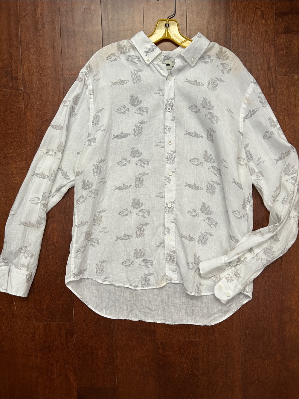 Lightweight White Linen-Blend Button-Up Shirt with Subtle Gray Print